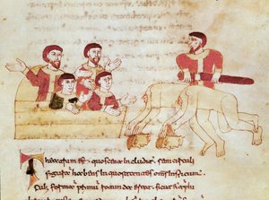 Theaterszene, das Publikum links applaudiert der Aufführung der Schauspieler. Miniatur aus dem Manuskript De Universo (oder De rerum naturis) (cod. 132) von Rabanus Maurus Magnentius (ca. 780-856) von German School