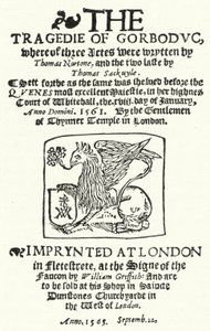 Titelseite der ersten Ausgabe von The Tragedie of Gorboduc (1565) von Thomas Norton und Thomas Sackville (Stich)
