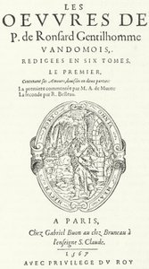 Titelseite des ersten Bandes der seltenen und sehr beliebten zweiten Ausgabe der Werke von Pierre de Ronsard, veröffentlicht in sechs Bänden vom Dichter selbst (Stich)
