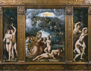 Triptychon der Schöpfung, Adam und Eva, Erschaffung Evas, Vertreibung aus dem Paradies von German School