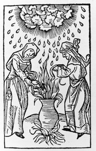 Zwei Hexen bereiten einen Trank zu, beschwören einen Hagelsturm - Gravur aus „de lanijs et phitonicis mulieribus“, Köln