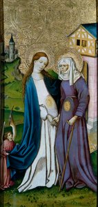 Heimsuchung. Begegnung zwischen der Jungfrau Maria und der Heiligen Elisabeth. Malerei der deutschen Schule von German School