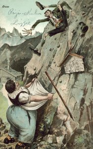 Frau fängt Mann, der vom Berg fällt von German School