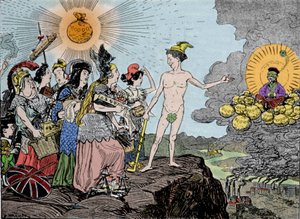 Gelbe Gefahr: Der Feind aus dem Osten rückt näher - Bereitet euch auf die Liquidation vor - Völker Europas, verkauft eure wertvollsten Güter! Platte aus Kladderadatsch, Berlin 1895