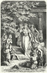 Junge deutsche Frauen tragen Kränze zur Feier des Festes von Eostre (Ostara) von German School