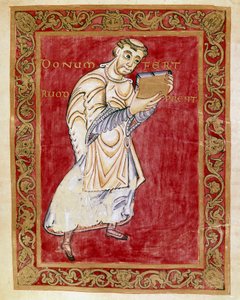 Der Mönch Ruodprecht bringt das Manuskript zum Erzbischof Egbert von Trier (Miniatur aus dem Codex Egberti)