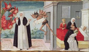 Die Hl. Katharina von Siena bittet Christus, die sterbende Schwester Palmerina von ihrem Pakt mit dem Teufel zu befreien