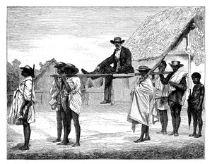 Afrikanische Eingeborene tragen einen weißen Mann, Afrika, 19. Jahrhundert