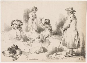 Studien von Kindern, zwei kleine Mädchen, zwei Hunde, ein Mann, 1793