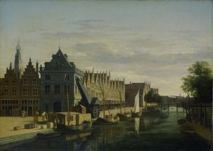 De Waag (Waagehaus) und Kran am Spaarne, Haarlem von Gerrit Adriaensz Berckheyde