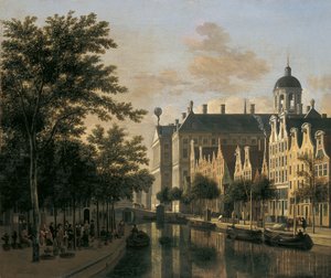 Die Nieuwezijds Voorburgwal mit dem Blumenmarkt, Amsterdam von Gerrit Adriaensz Berckheyde