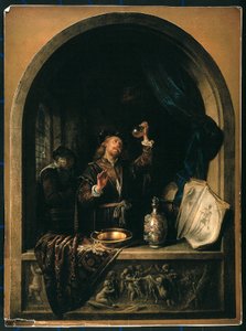 Ein Arzt, der eine Urinprobe einer älteren Frau untersucht von Gerrit Dou