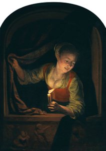 Junge Frau mit Kerze am Fenster von Gerrit Dou