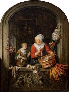 Frau verkauft Hering und Mädchen im Fenster von Gerrit Dou