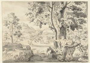 Baumreiche Landschaft mit einem Hirten, einem Mann und einer Frau von Gerrit Grasdorp (possibly)