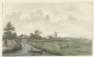 Landschaft mit einem Graben und einem Feldweg von Gerrit Grasdorp (possibly)
