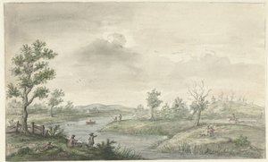 Landschaft mit gewundenem Fluss und Anglern von Gerrit Grasdorp (possibly)