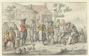 Fröhliche Gesellschaft vor einem Gasthaus