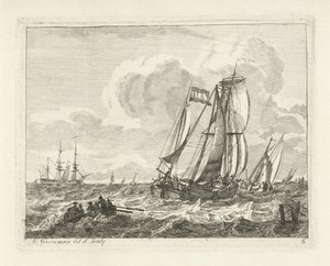 Segelschiffe und ein Ruderboot auf offenem Wasser von Gerrit Groenewegen