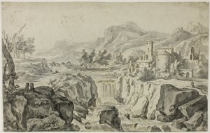 Italienische Landschaft mit Wasserfall und Gebäuden von Gerrit Rademaker
