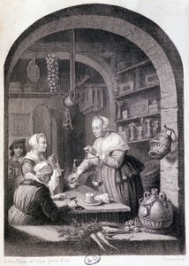 Dorfladenbesitzer wiegt mit einer Waage. 18. Jahrhundert von Gerrit or Gerard (after) Dou
