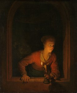 Mädchen mit einer Öllampe am Fenster, 1645-75 von Gerrit Dou