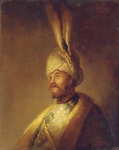 Porträt eines Mannes, Brustbild, mit einem Turban mit einer Feder