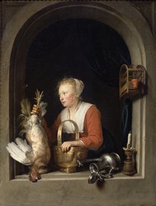 Die niederländische Hausfrau oder Die Frau, die einen Hahn ins Fenster hängt, 1650 von Gerrit Dou