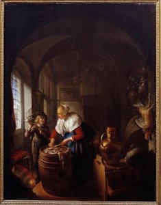 Die Maus. Ein Kind zeigt seiner Mutter eine Mausefalle von Gerrit Dou