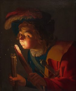 Ein Junge, der auf eine Feuerbrand bläst, 1621-1622 von Gerrit van Honthorst