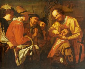 Ein Quacksalber zieht einen Zahn, während eine Gruppe von Zuschauern zusieht von Gerrit van Honthorst