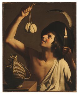 Ein junger Mann hält eine brennende Kerze und einen Scamorza-Käse, eine Fiasco-Flasche neben ihm von Gerrit van Honthorst