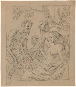 Diana und zwei Nymphen, die Geschenke von einem Satyr erhalten (recto) von Gerrit van Honthorst