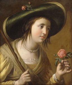 Porträt von Prinzessin Elizabeth II. van de Palts als Schäferin, Brustbild, eine Rose haltend