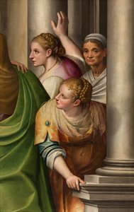 Südliches Querschiff, Altar der Heimsuchung, Detail des Altarbildes von Gervaso Gatti, Die Heimsuchung Marias bei Cousine Elisabeth 1583 (Detail)