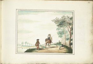 Herr und Dame zu Pferd und ein Fußgänger in einer Landschaft