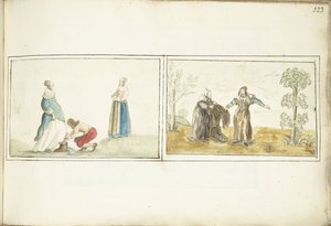 Herr bindet einen Schuh und Einsiedler reicht einen Mantel von Gesina ter Borch