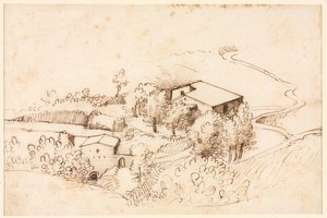 Bauernhof mit Bäumen in hügeliger Landschaft (Rückseite) von Gherardo Cibo