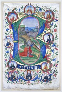 König David im Gebet innerhalb eines sehr großen Initials "B", die Umrandung mit zehn großen Rundbildern, die jeweils das Porträt eines Heiligen enthalten, ca. 1500 von Gherardo di Giovanni del Fora