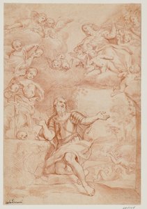 Die Madonna und zwei Frauen (die drei Marien) erscheinen in einer Vision dem heiligen Wilhelm von Aquitanien von Giacinto Calandrucci