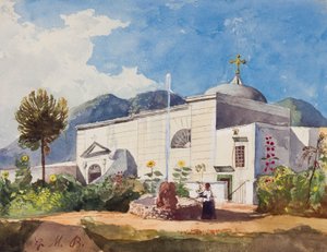 Kirche und Brunnen, möglicherweise der Garten einer königlichen Residenz, mit Ergänzungen von Prinz Gaetano Maria Federico di Borbone (1846-1871)