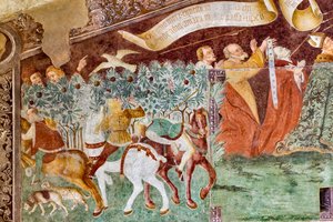 Der Tod steht auf einem Sarkophag, wo der tote Papst und der Kaiser liegen (Detail)