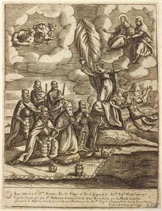 Allegorie der Heiligen Liga von 1571, vereinbart von Papst Pius V., Philipp von Spanien und Dogen von Venedig Alvise Mocenigo, Stich von Giacomo Franco von Giacomo Franco