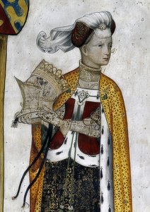 Darstellung der Markgrafen von Saluzzo und ihrer Gemahlinnen als historische und mythologische Helden und Heldinnen (Detail: Riccarda di Sicilia, Gemahlin Tommaso II, als Amazonenkönigin Lampeto) von Giacomo Jaquerio