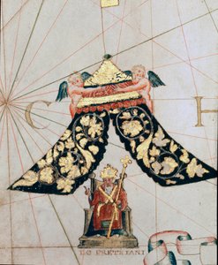 Darstellung von Priester Johannes, Herrscher eines christlichen Königreichs in Richtung Äthiopien (Detail einer Karte aus dem 16. Jahrhundert)
