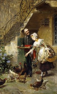 Ein elegantes Paar füttert Hühner in einem Hof