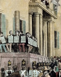 Risorgimento: Mitglieder der Giovine Italia Bewegung (einschließlich Carlo Cattaneo (1801-1869), Tinelli, Danzi, Bussi) vor dem Justizpalast in Mailand, hören das Urteil, das sie 1848 ins Exil verurteilt