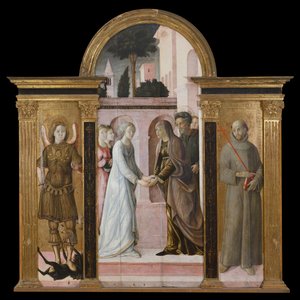 Triptychon: Die Heimsuchung, zwischen St. Michael und St. Franziskus von Giacomo Pacchiarotti