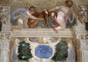 Putti mit einem Windhund, Fruchtgirlanden und Maskarons