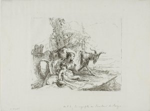 Eine Nymphe mit einem kleinen Satyr und zwei Ziegen, aus Capricci von Giambattista Tiepolo